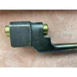 WW2 Lee Enfield No.4 Mk.1 .303 bolt-action rifle with hinged butt compartment, made by SA Ltd., Long Branch, Canada 1942, serial no.5L0646 L113cm; mounted on a framed display board with No.4 Mk.II spike bayonet, No.9 Mk.1 blade bayonet, two inert 5-round clips and brass biographical plaque by Antler Military Originals detailing DA Cert No.C3444 OLD STYLE DEACTIVATION SO FIREARMS CERTIFICATE REQUIRED OR RFD