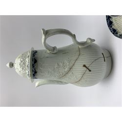 18th century Phillip Christian Liverpool reeded and floral moulded tea wares, comprising coffee pot, tea bowl and saucer, and coffee cup and saucer, each detailed with foliate and trellis borders, teapot H25cm, tea bowl D7.5cm, saucer D13cm 