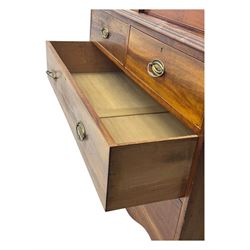 George III mahogany linen press cupboard, projecting moulded cornice over two panelled doors, the interior fitted with two slides and shelf, two short and two long drawers below, shaped apron over bracket feet 