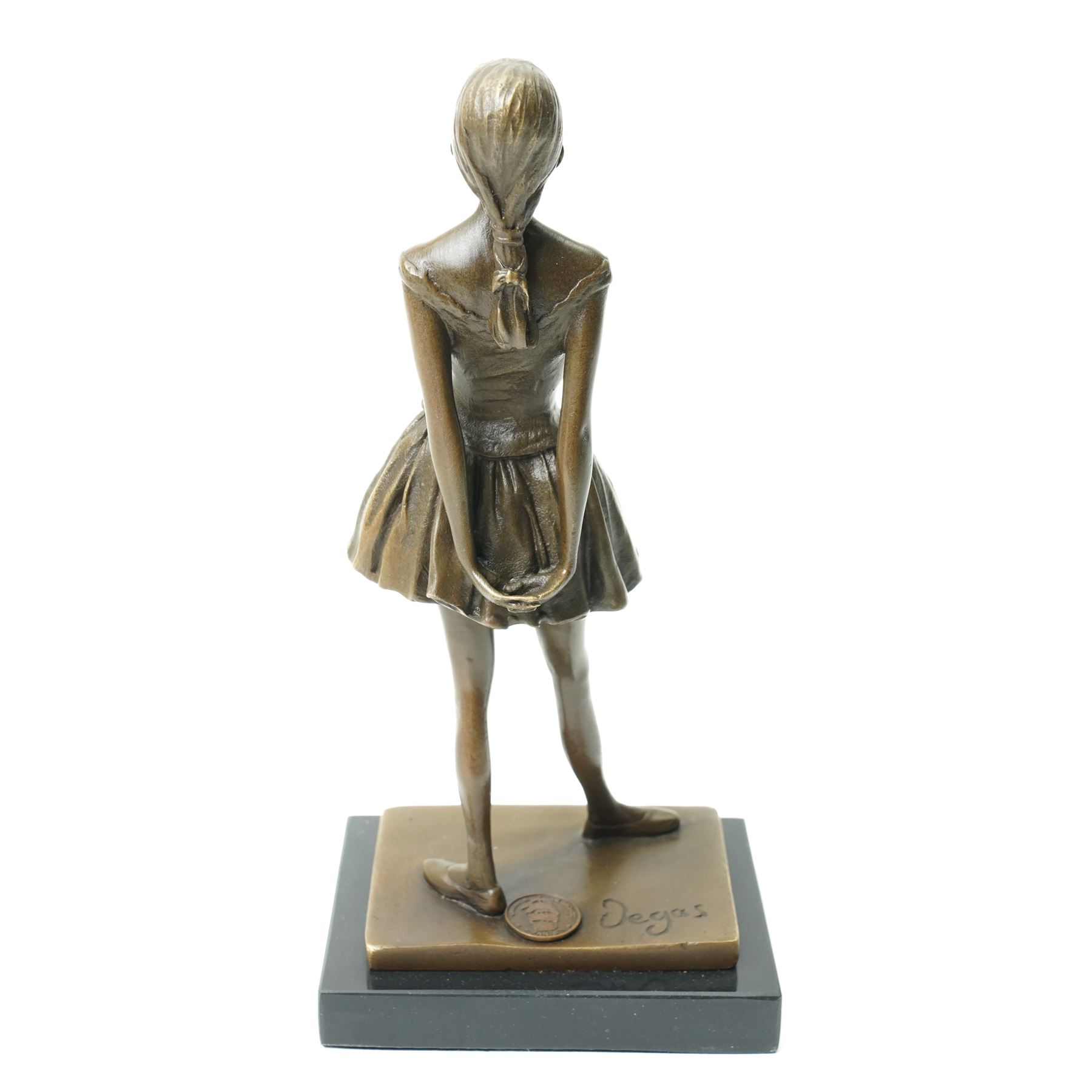 After Edgar Degas, (1834-1917), La Petite Danseuse de Quatorze Ans, small bronze figure modelled as a young female dancer, on rectangular black marble base, H18.5cm