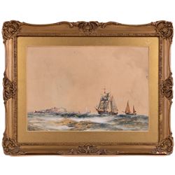 Frank Henry Mason (Staithes Group 1875-1965): Scarborough from Cornelian Bay & Sailing Vessels off the Scarborough Coast, pair watercolours signed 23cm x 34cm (2)