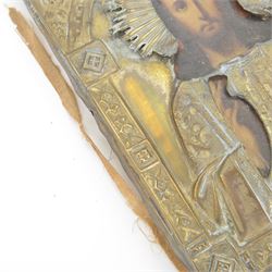 20th century Russian Orthodox icon depicting Jesus, in brass fronted painted wood panel, H22cm