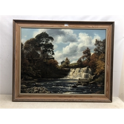 Geoffrey H Pooley (British 1908-2006): 'Falls on the Swale Yorkshire', oil on board signed and dated 1983, titled verso with artist's address label 70cm x 90cm