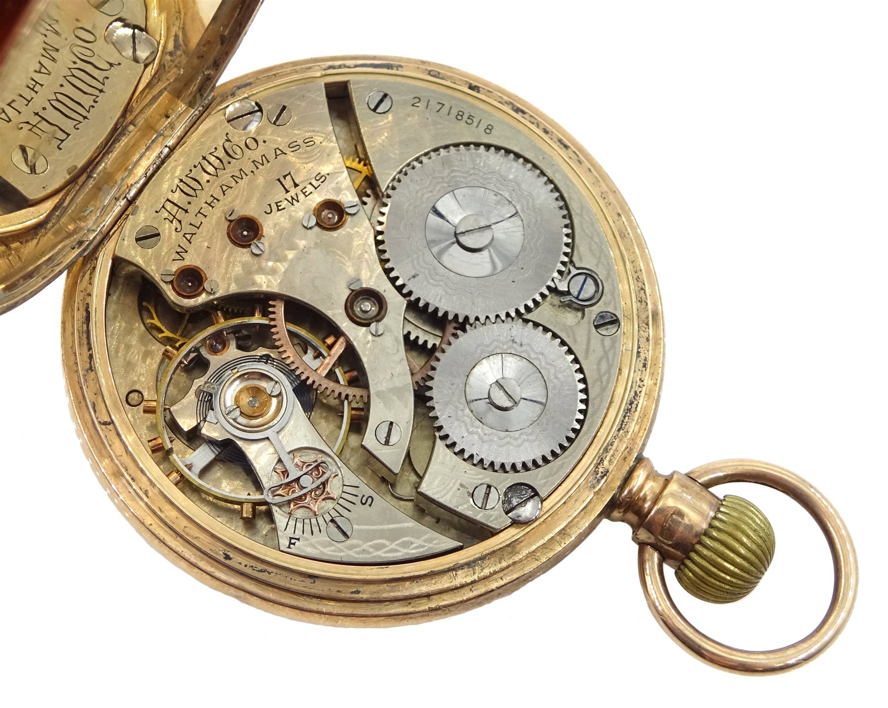 Early 20th century 9ct gold pocket watch by Waltham U.S.A, top wind, movement No.21718518, case by Benson Brothers, Chester 