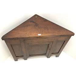 George III oak and mahogany corner campaign desk, single cupboard, folding top enclosing inset leather writing pad
