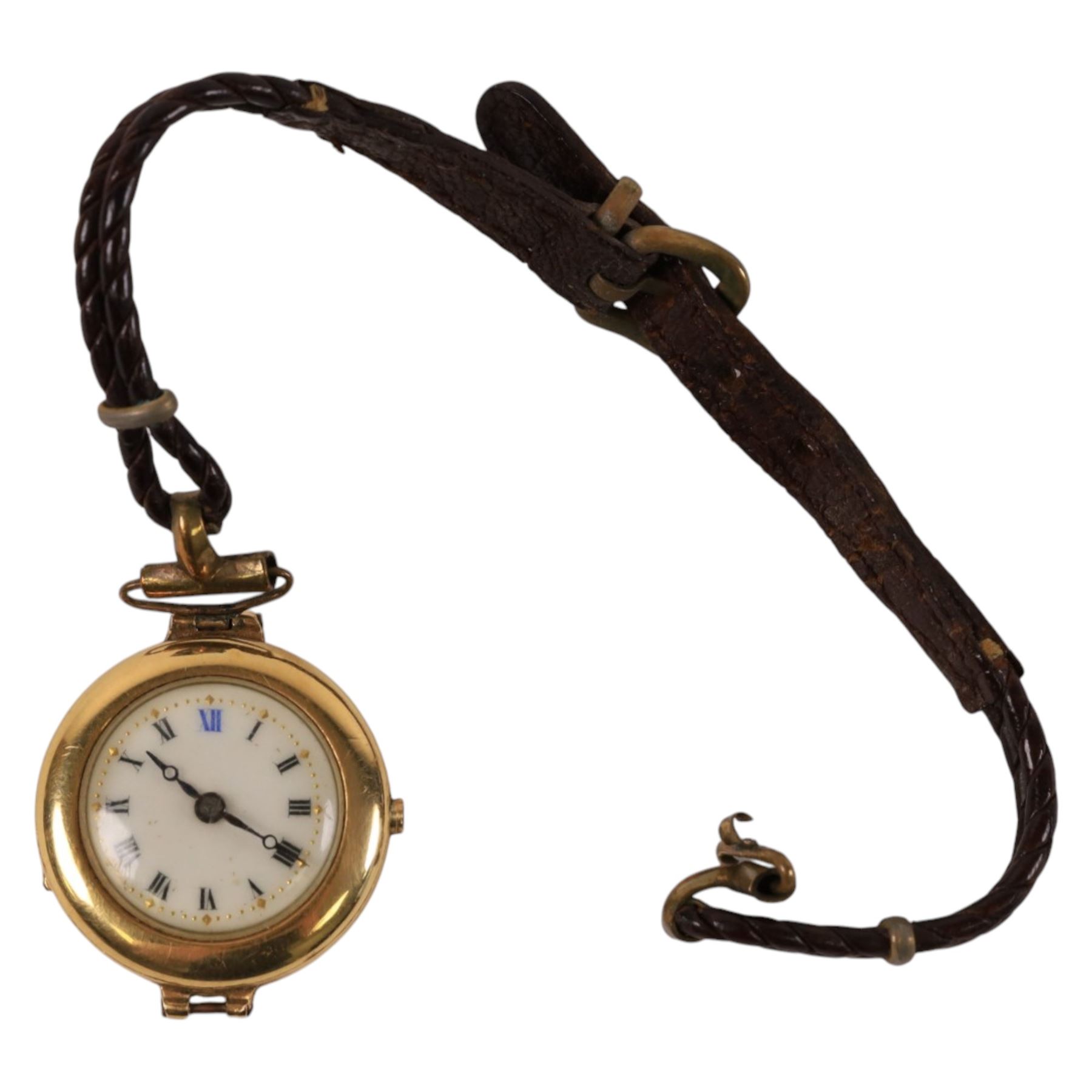 Early 20th century 18ct gold manual wind wristwatch, London 1920, on leather strap