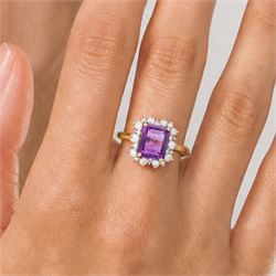 9ct gold amethyst and cubic zirconia cluster ring, hallmarked