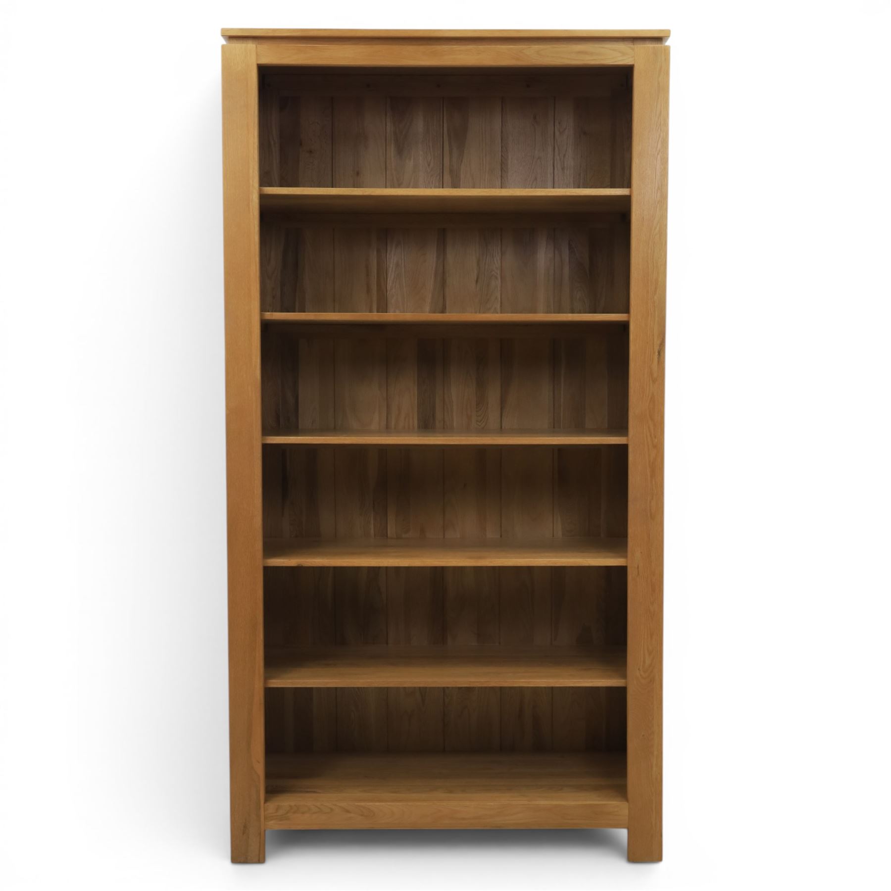 Solid light oak open bookcase, fitted with six open shelves