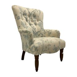 Victorian style bedroom chair, upholstered in light fabric decorated with birds and foliate, turned front feet