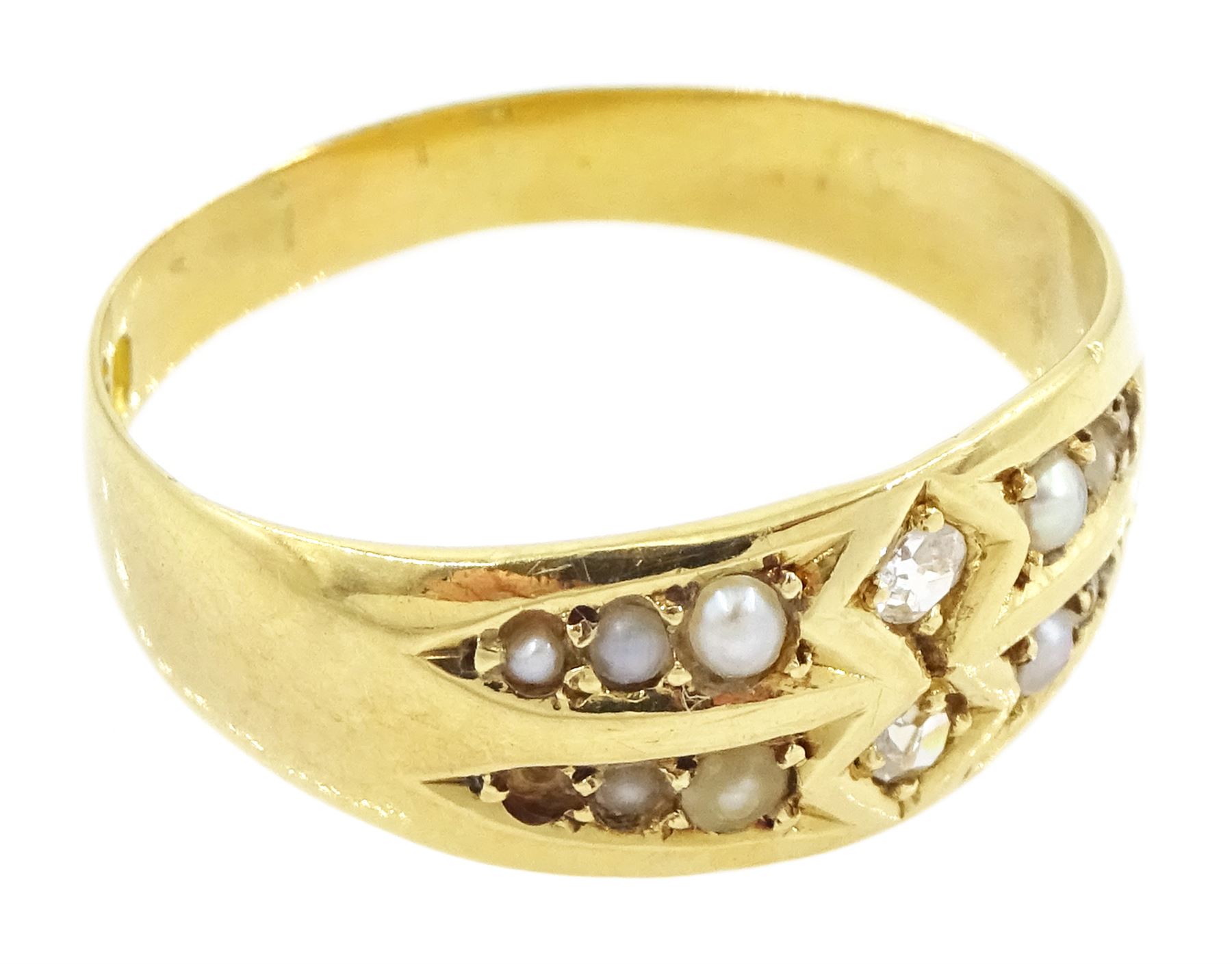 Victorian 18ct gold old cut diamond and split pearl ring, Birmingham 1890