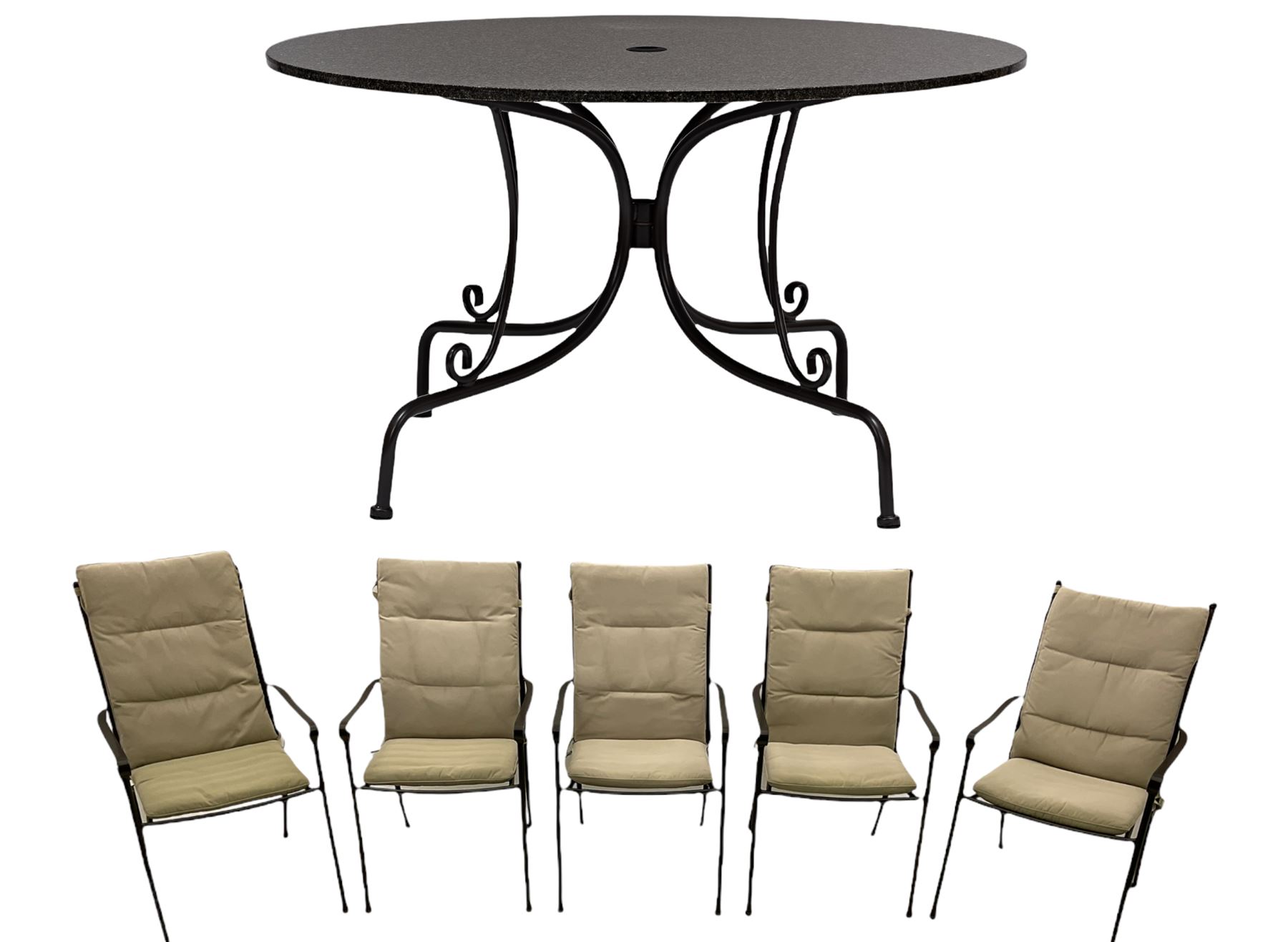 Neptune Furniture - Boscombe black granite and black powder coated steel garden table with circular top, and set five matching black steel garden chairs with loose cushions, with parasol and base.