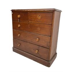 Chatsworth House - 19th century Victorian stained pine chest of drawers from Chatsworth House servant's quarters, moulded rectangular top over two short and three long drawers, plinth base. Provenance: Previously lot 1065 from the 