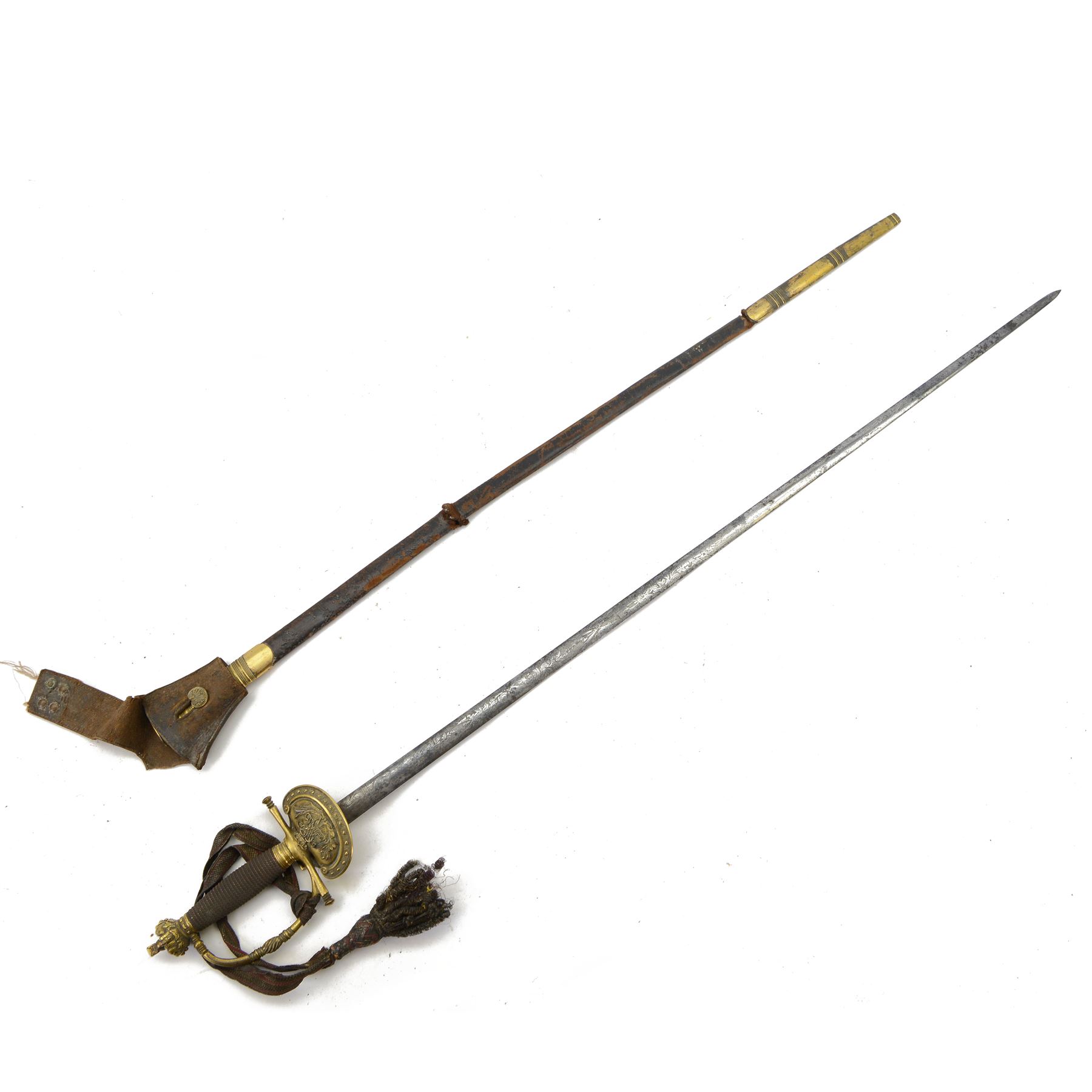 William IV court sword, the 79cm blade finely etched with scrolling motifs, with crown pommel, wire bound grip, gilt shell guard and crowned cypher, with damaged scabbard, L92cm