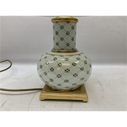 Italian ceramic table lamp decorated with geometric green and black pattern on white ground with gilt metal square plinth base, together with a green and black marbled effect lamp by Holkham pottery, both with shades, tallest H47 incl shade