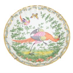 Two 19th century Samson porcelain plates, decorated in the Chelsea style with exotic birds, flowers and insects, each with spurious gold anchor mark verso, largest example D24cm, together with a 19th century dessert plate, possibly Worcester, hand painted with a hummingbird, within a gilt band and pink border, D22.5cm, and a further 19th century dessert plate with shaped and pierced rim, hand painted with a view of Loch Lomond and titled verso, D22cm, (4)