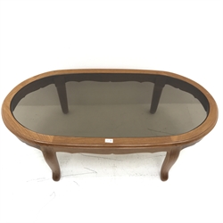 Chinese rosewood coffee table with inset glass top, cabriole legs, W123cm, H41cm, D62cm