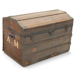 Early 20th century domed wooden travelling trunk, with iron strapwork and side carrying ha...