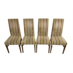 Set four high back chairs upholstered in striped fabric, on square tapered supports 