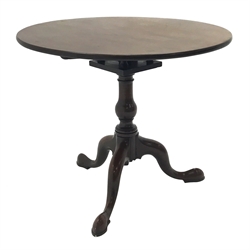 George lll mahogany circular tripod table, birdcage tilt top on baluster column support with three cabriole legs D85cm, H74cm  
