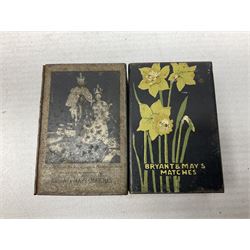 Victorian leather cigar protector with metal match striking plate on the end and internal spring to hold the cigars in place; expands for differing lengths of cigar, minimum L12.5cm; another similar leather cigar case marked Middlemore's Patent with attached vesta case and striker; three Bryant & Mays tin-late matchbox holders including 1935 Jubilee; and small box of matches (6)