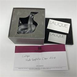 Lalique Nude Temptation, a frosted glass figure of a woman crouching with leg outstretched, in original box, H8cm