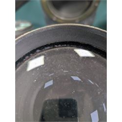 Late 19th century Voigtlander & Sohn large brass Euryscop lens no. 8 serial no. 31590, mounted to long black wooden box, with leather lens cover and seven brass Waterhouse stops, lens case D19cm