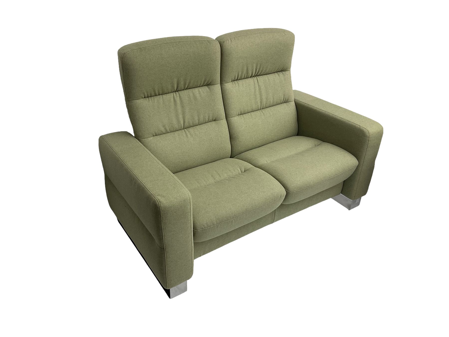Ekornes Stressless - three seat reclining sofa upholstered in pale green fabric (198cm x 82cm x 100cm), Ekornes Stressless - matching two seat reclining sofa (144cm x 82cm x 100cm), Ekornes Stressless - storage ottoman with hinged seat upholstered in pale green fabric (60cm x 60cm x 42cm)