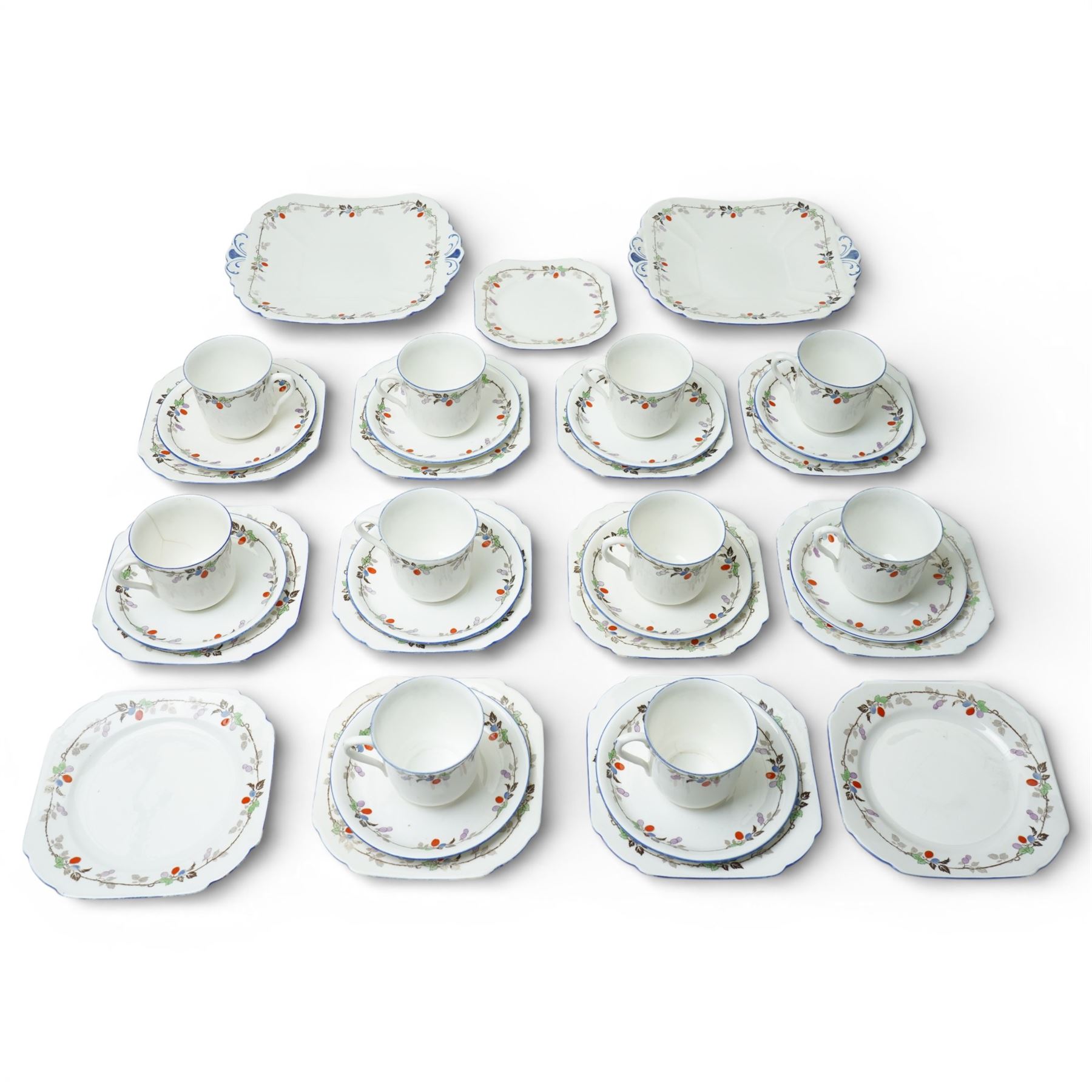 Shelley tea wares, comprising ten teacups and saucers, twelve side plates, and two sandwich dishes