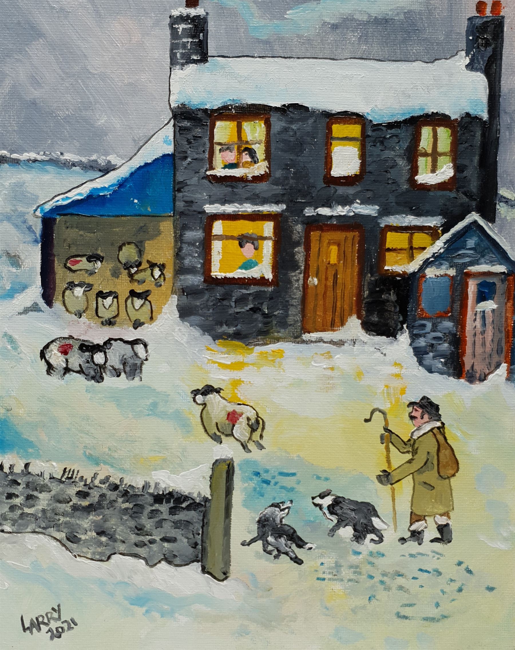 Larry Chambers (Northern British 1949-): 'Let’s Get These Girls Inside', oil on board signed, titled verso 25cm x 20cm (unframed)