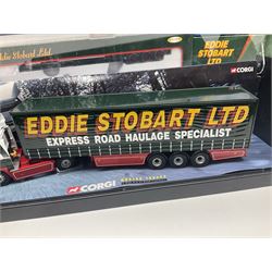 Corgi Eddie Stobart - four heavy haulage vehicles comprising 75201 ERF Curtainside; 75403 Leyland-DAF Curtainside; both in plastic display boxes; CC12610 Scammell Crusader 3 Axle Low Loader; and CC12502 Atkinson Borderer Flatbed Trailer; together with AA30008 Douglas DC-3 Aircraft; all boxed (5)