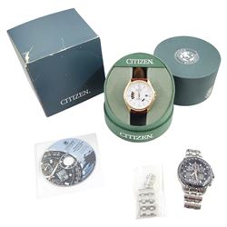 Citizen Eco-Drive Radio Controlled gentleman's stainless steel quartz wristwatch, on original stainless steel bracelet, with fold-over clasp and one other Citizen Eco-Drive Radio Controlled gentleman's gold-plated and stainless steel quartz calendar wristwatch, on brown leather strap