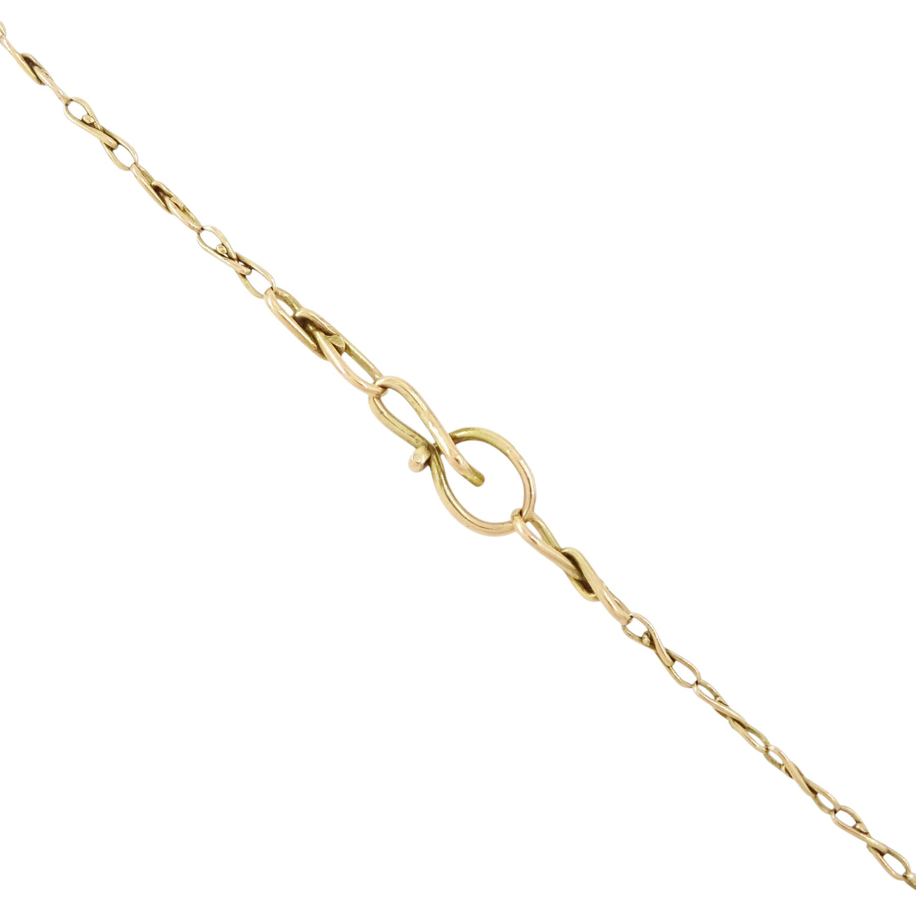 Victorian 18ct gold tassel pendant, applied star set with a single seed pearl and blue enamel surround, within a fancy bead and wirework frame, on a 10ct gold fancy chain link necklace