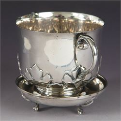 Early 20th century silver porringer, decorated in relief with foliate decoration and later engraving to body, upon a stepped circular foot, with matching cover/stand, both hallmarked Johnson, Walker & Tolhurst, London 1913, H8cm