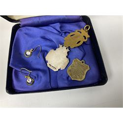 1930s silver fob, with rose gold vacant cartouche to centre, hallmarked William John Pellow, Chester 1933, together with a collection of costume jewellery including brooches, earrings and cufflinks, etc 
