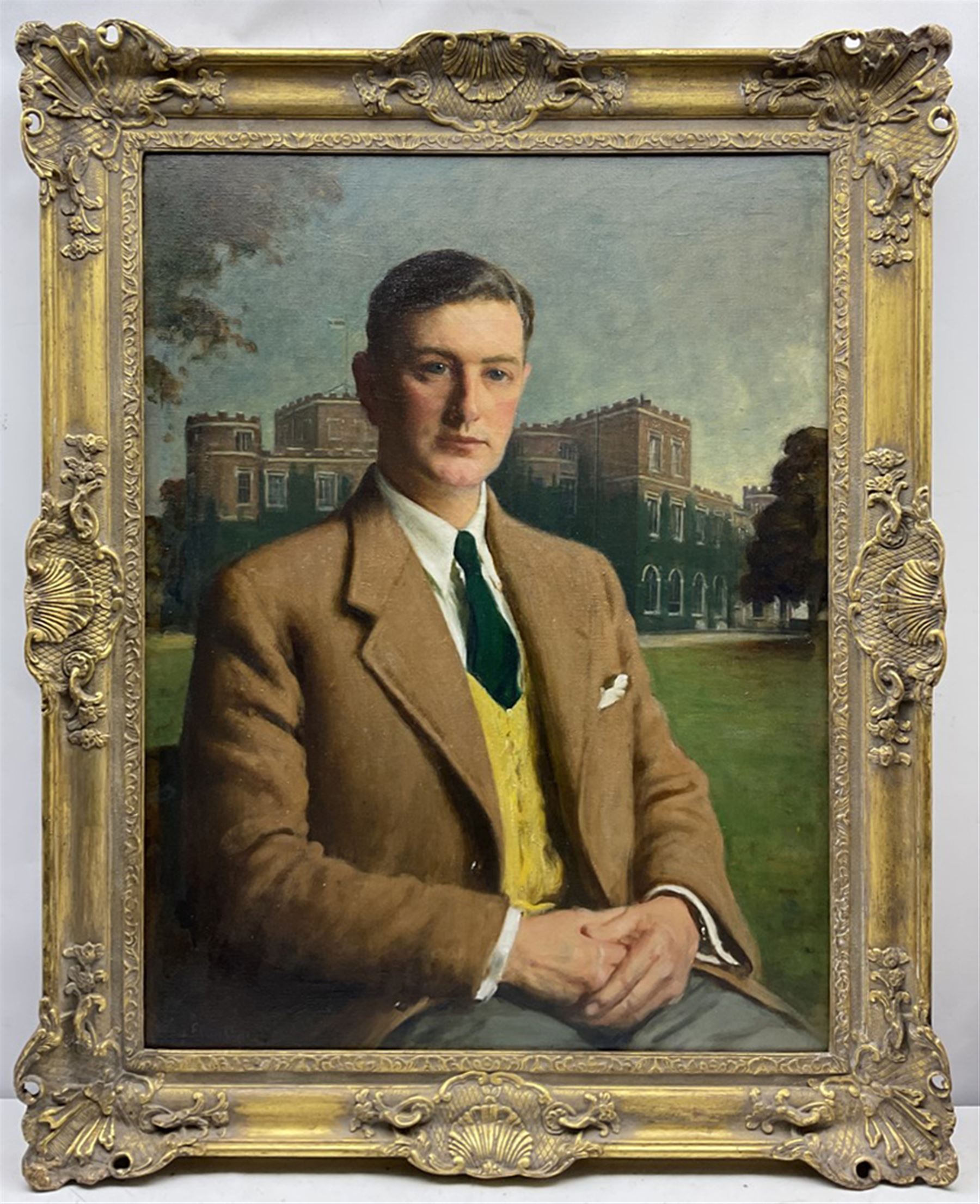 Frederick (Fred) William Elwell RA (British 1870-1958): 'Lt. Col. Norman R Grimston DSO', half length portrait with the family seat Grimston Garth in the background, oil on canvas signed and dated 1948, titled and inscribed verso 90cm x 70cm
Notes: Grimston was held, as part of the manor of Roos, from the mid-12th century by the Grimston family. The manor of Garton with Grimston passed down to Thomas Grimston
of Kilnwick-on-the-Wolds in 1780 who built the present Grimston Garth in 1781-6 as a summer residence. The estate descended in the family to Thomas’s grandson Marmaduke Grimston (1826-1879) the last of the male line. It was through his daughter Rose, wife of George Hobart, that it passed to their daughter Armatrude Rose Sophia Effie Bertie, Lady Waechter in 1927. Lady Waechter, who took the additional name de Grimston, gave the estate to her cousin Norman Grimston in 1946, the last family incumbent who sold the house in 1949
Provenance: East Yorkshire private collection purchased Dee Atkinson and Harrison 16th July 1995 Lot 554
