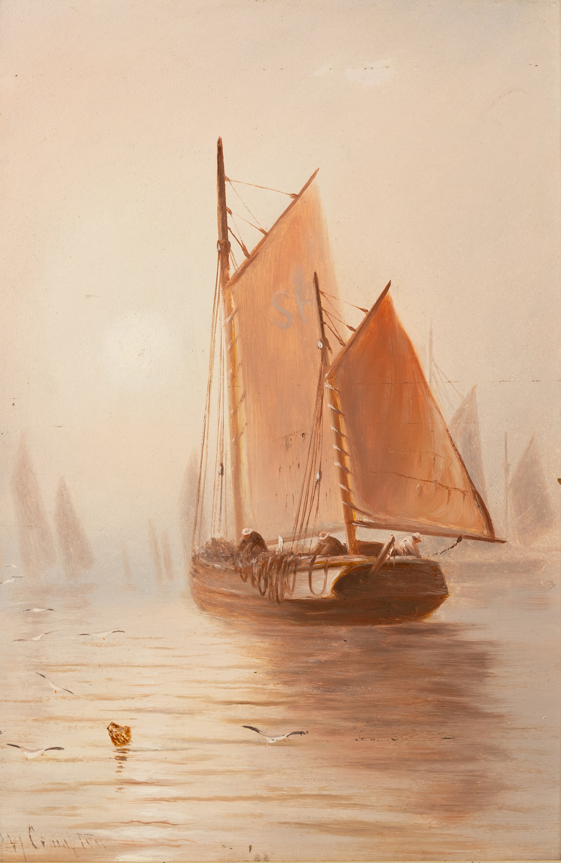William James Smith Crampton (British 1855-1935): Fishing Vessels on Misty Waters, pair oils on board signed, in matching frames 45cm x 30cm (2)