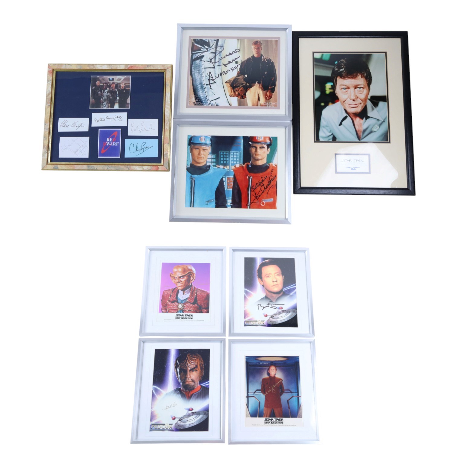 Collection of Sci-Fi TV signed prints, including Deforest Kelley Star Trek, the cast of Red Dwarf, etc