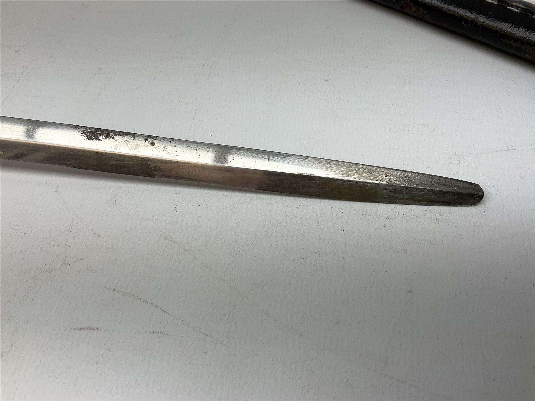 Replica knight's longsword, the 91.5cm double-edged steel blade with basket hilt and wire-bound bone grip with spherical pommel, in leather scabbard L112cm overall