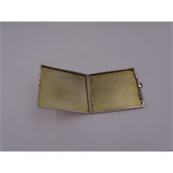 1920s silver cigarette case, the hinged cover with engine turned geometric decoration, with gilt interior, with London import marks 1929 by London Chain Bag Co, H9cm