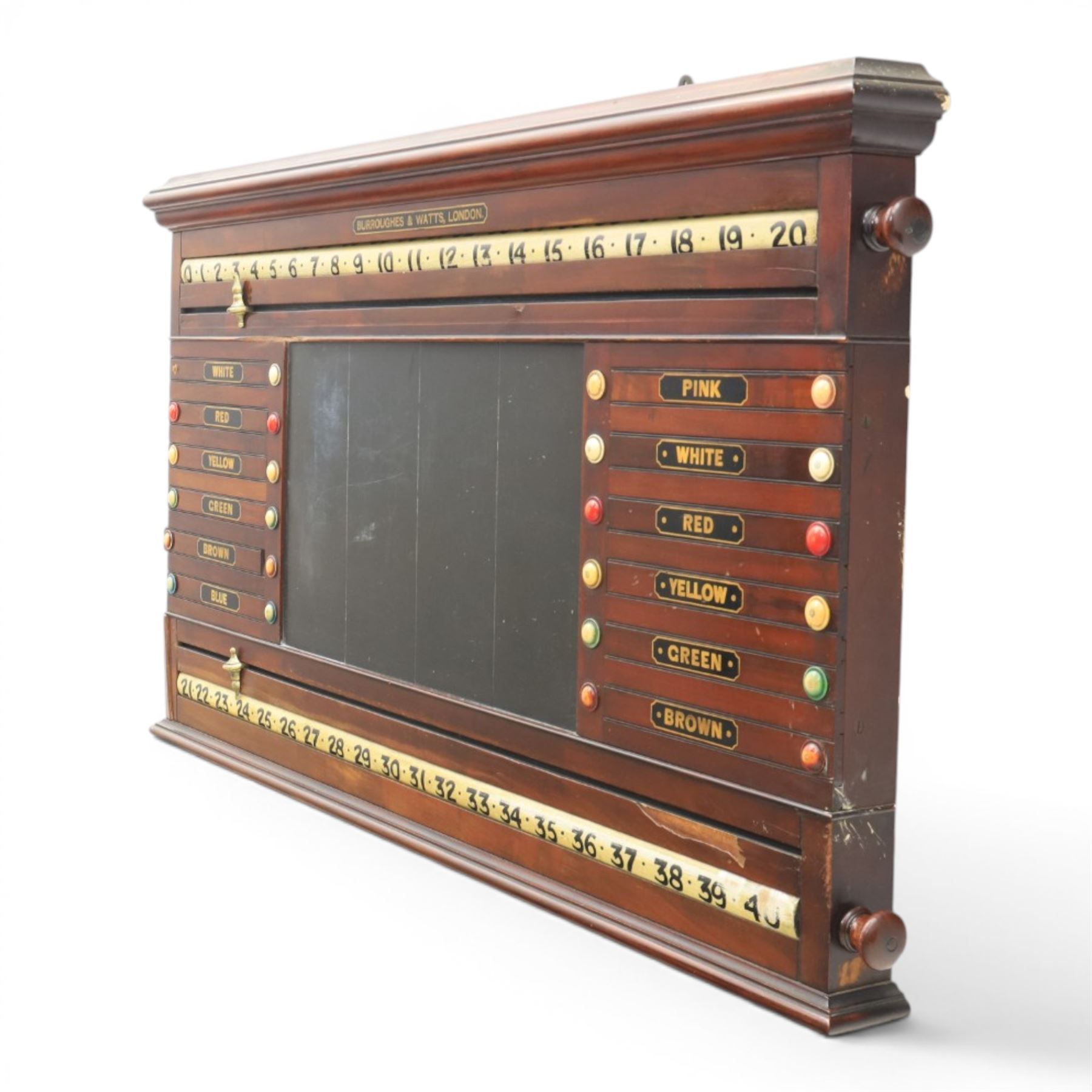 Snooker and Billiard accessories including a Thurston & Co Ltd snooker scoreboard, and Burroughes & Watts, London, billiard ball storage cabinet and white scorer
