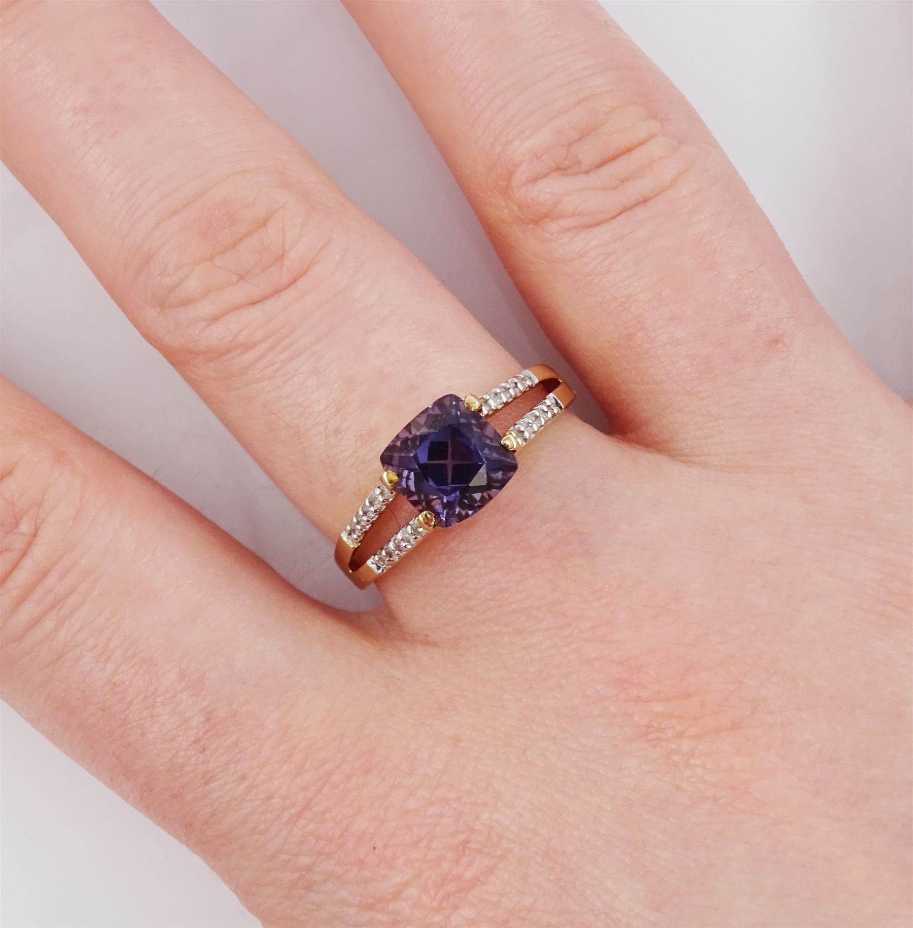 9ct gold single stone cushion cut amethyst ring, with diamond set shoulders, hallmarked