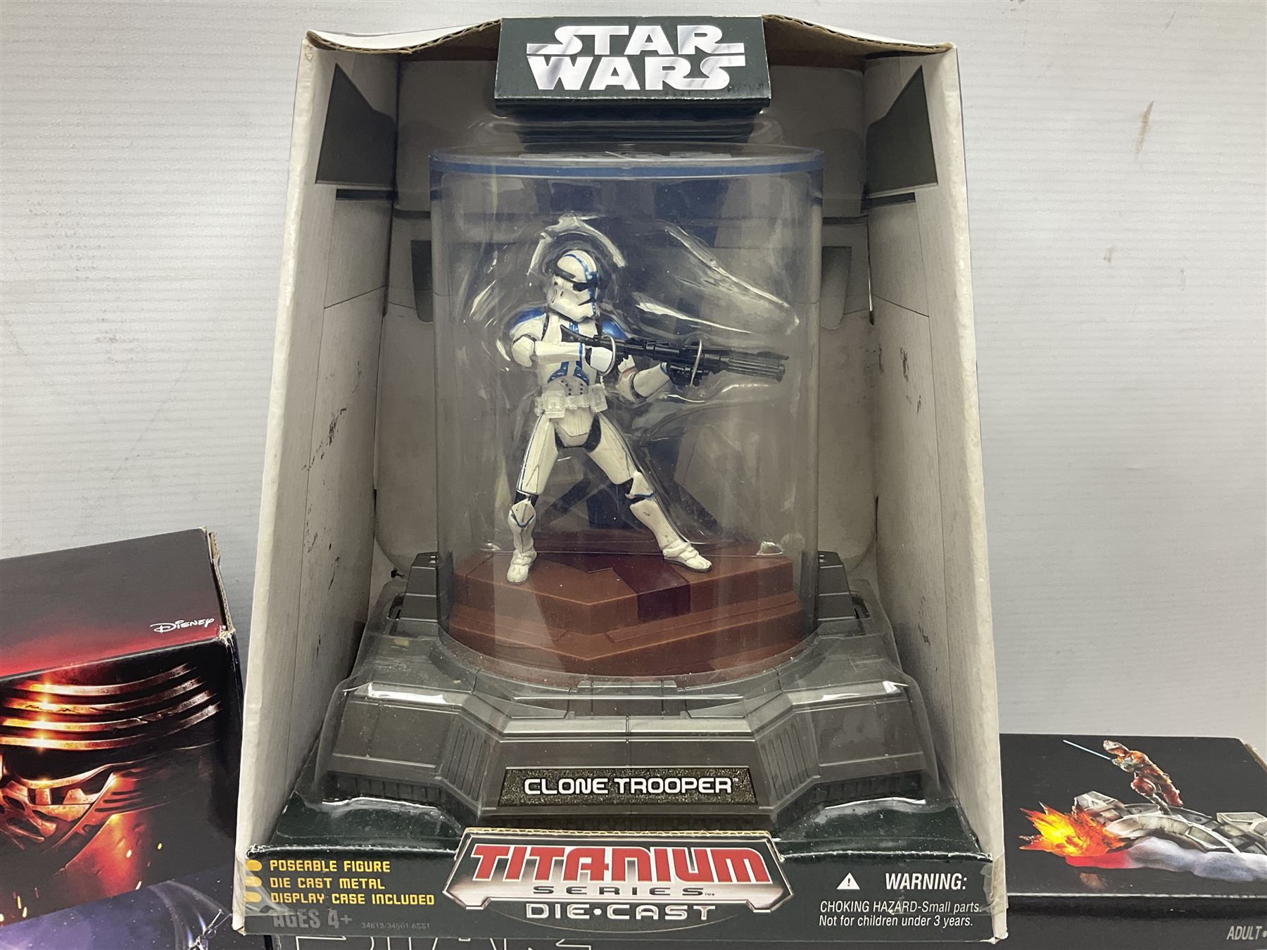 Star Wars - The Force Awakens First Order Special Forces TIE Fighter; The Black Series Centrepiece of Luke Skywalker; Revenge of the Sith Battle Pack Treachery on Saleucami; Titanium Series Die-Cast Clone Trooper; and two other pairs of figures; all boxed (6)