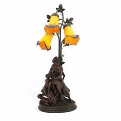 Large table lamp, the base modelled as a woman with putti and goat, with three glass shades, H90cm   