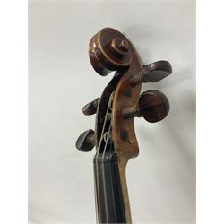 19th century full sized violin in a later hard case, decorative mother of pearl inlay to the tail piece Overall length 60cm No bow