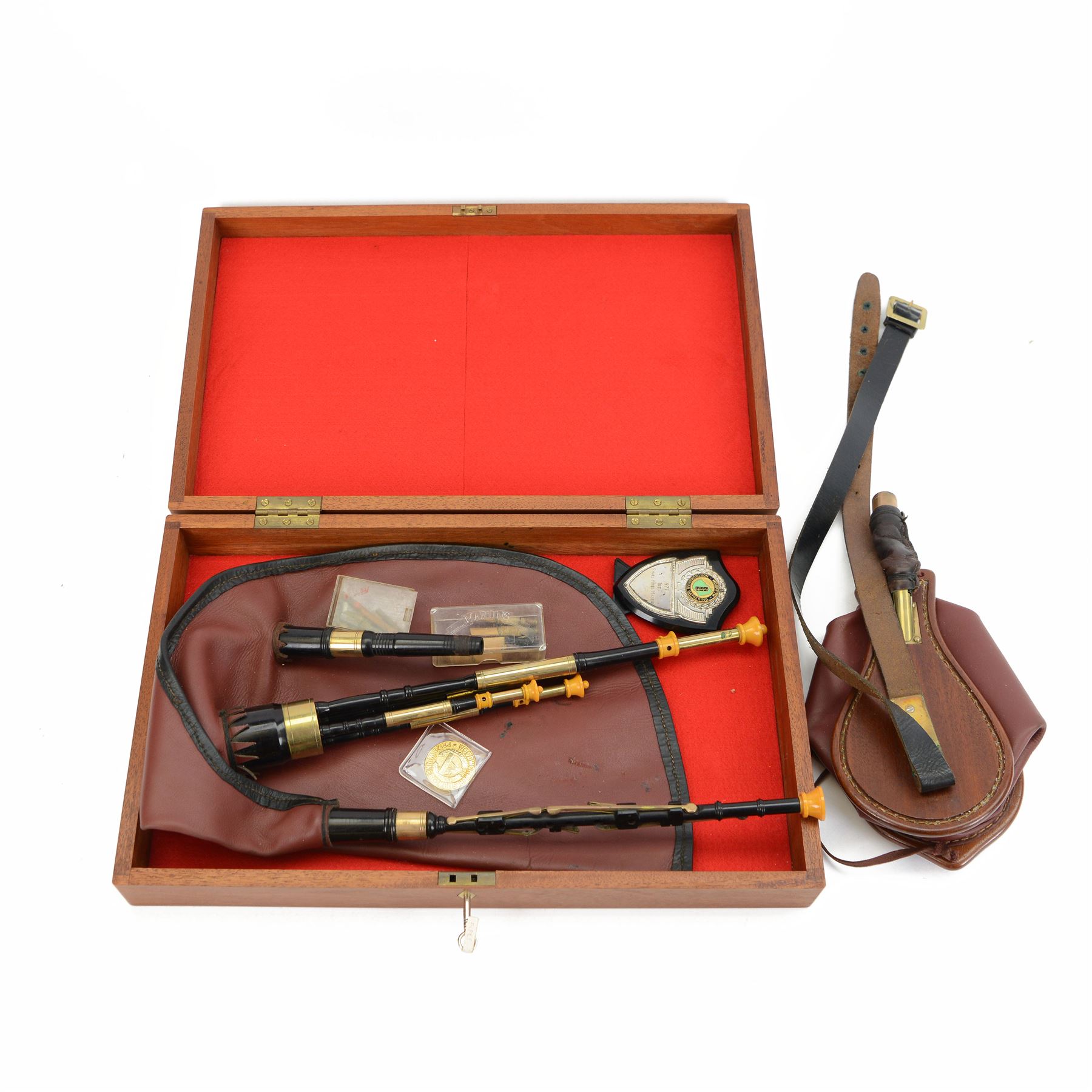 Handmade Northumbrian bagpipes by David Lilburn, with brass mounted Africa blackwood drone reeds, contained within a handmade wooden box by the same maker