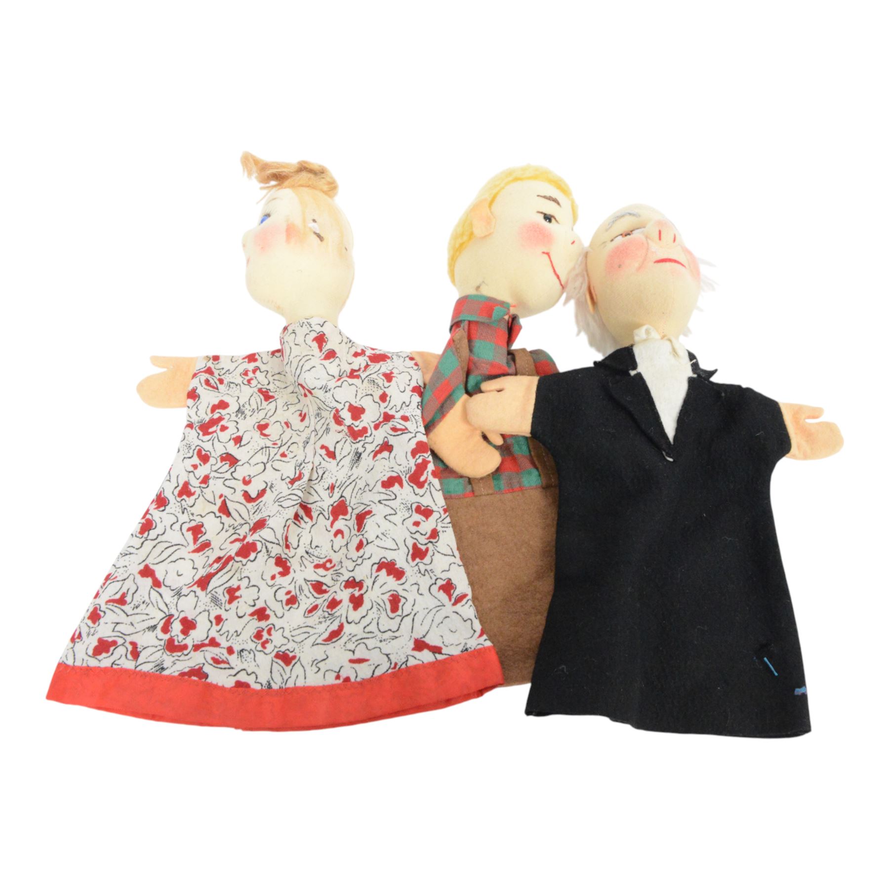 Collection of Kersa and similar German hand puppets, depicting various characters with felt faces with stitched and painted details