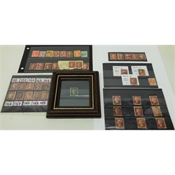  Queen Victoria 1d black stamp in frame, over thirty perf penny reds and other Queen Victoria stamps in stockcards  
