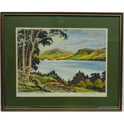  'Derwentwater. Saddleback', coloured aquatint signed and titled in pencil by James Priddey (British 1916-1980), with Warwick Galleries blind stamp 27cm x 36cm  