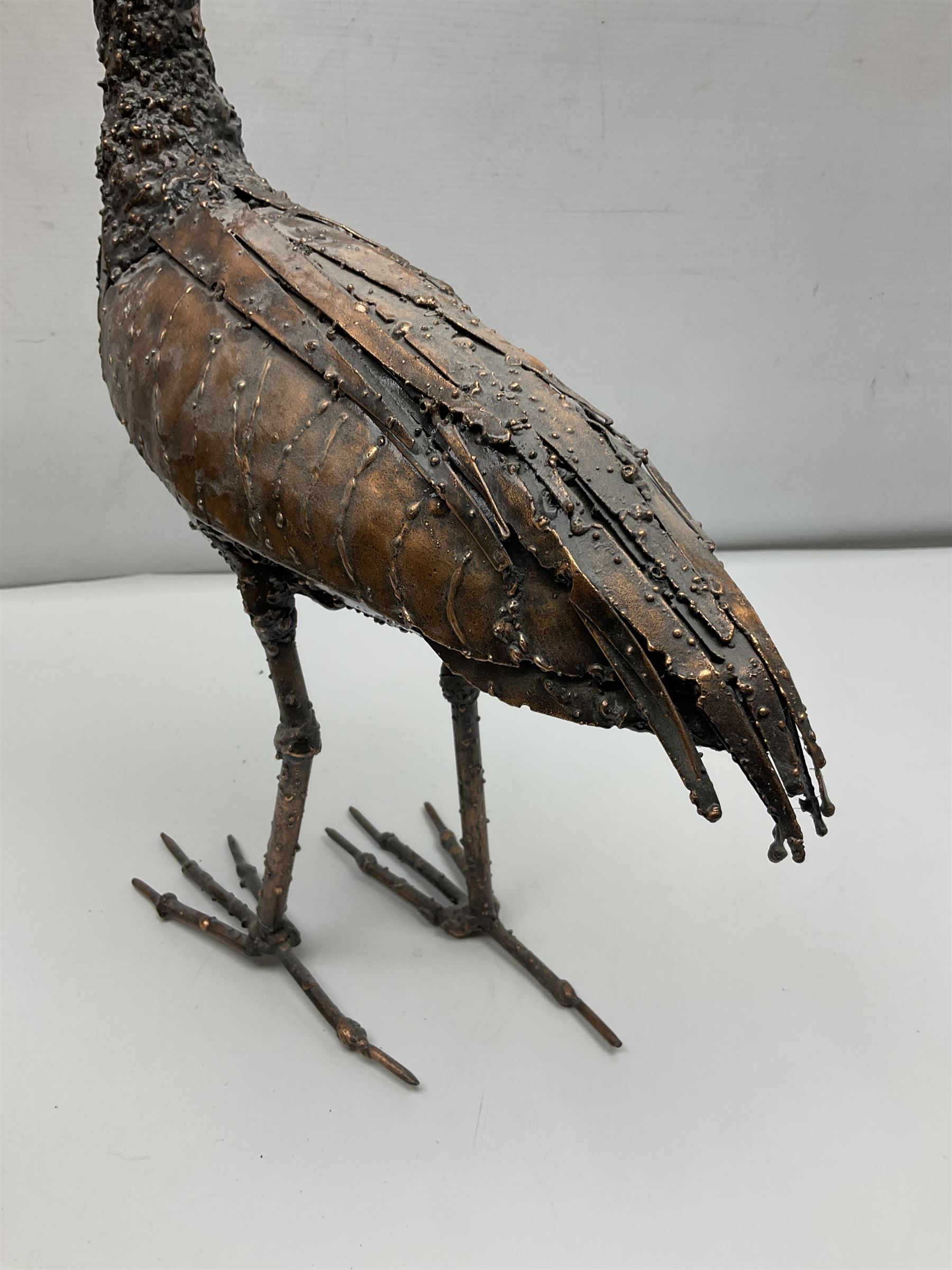 Three metalwork figures of bird, to include owl, a heron etc, largest H45cm
