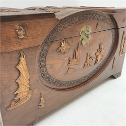 Early 20th century camphor wood chest, shaped hinged lid, maritime carvings, W105cm, H58cm, D53cm